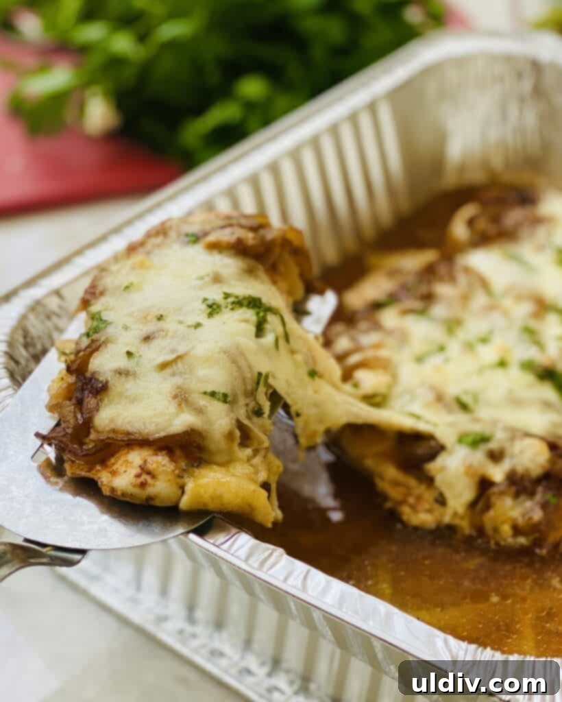 Savory French Onion Chicken Bake 7 A serving of baked French Onion Chicken on a spatula, with perfectly melted cheese and rich onion sauce.