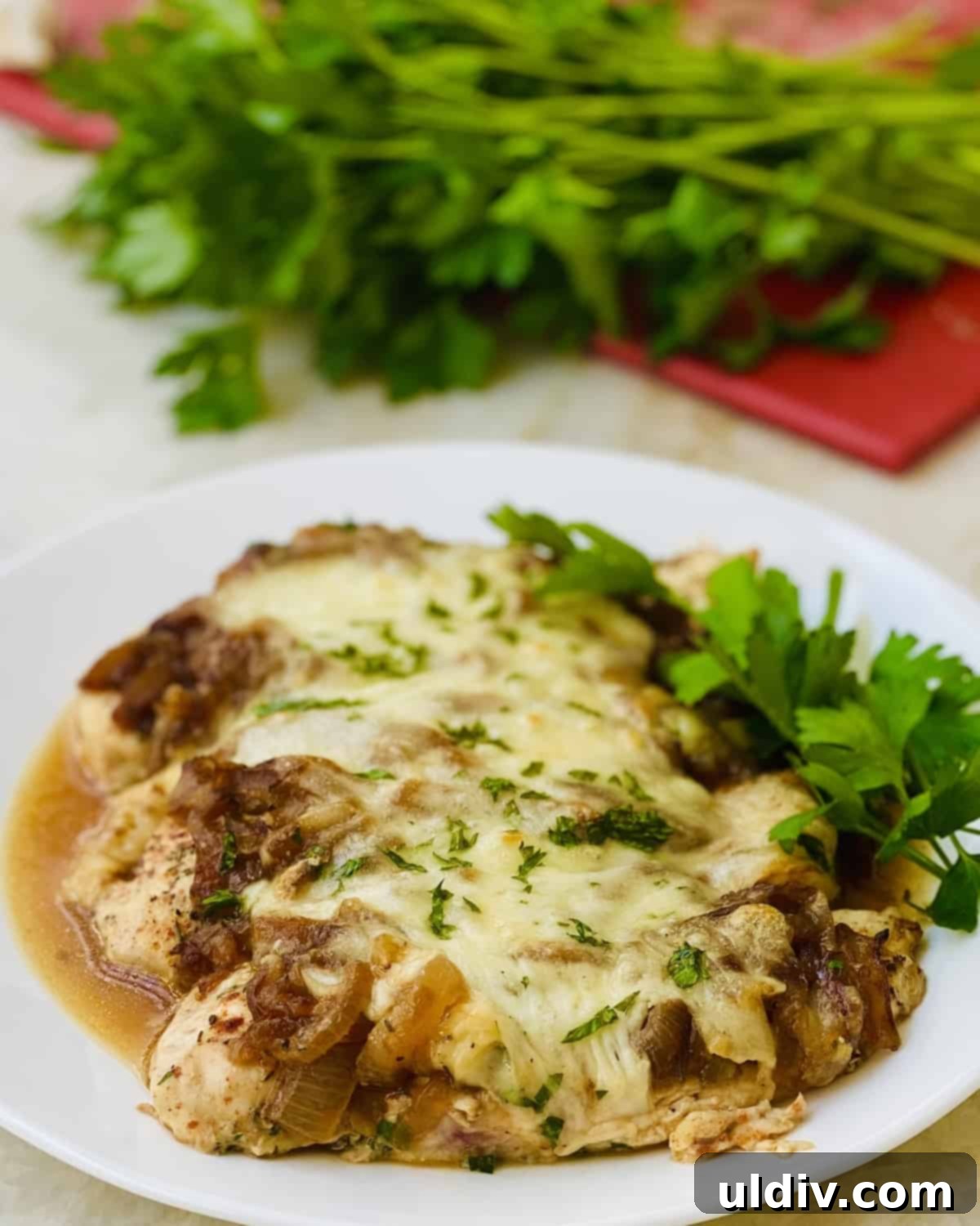 Classic French Onion Chicken Bake 8 Baked chicken topped with golden caramelized onions and bubbling melted cheese, fresh out of the oven.