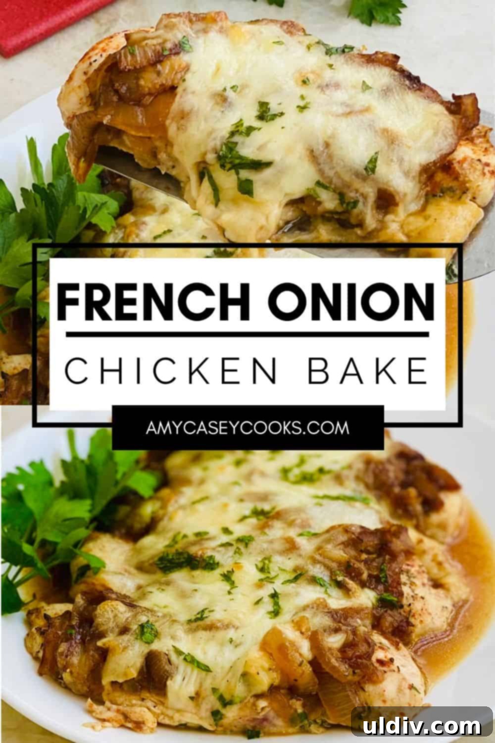 Classic French Onion Chicken Bake 11 A beautifully baked French onion chicken dish with golden, melted cheese on top, ready to be served.