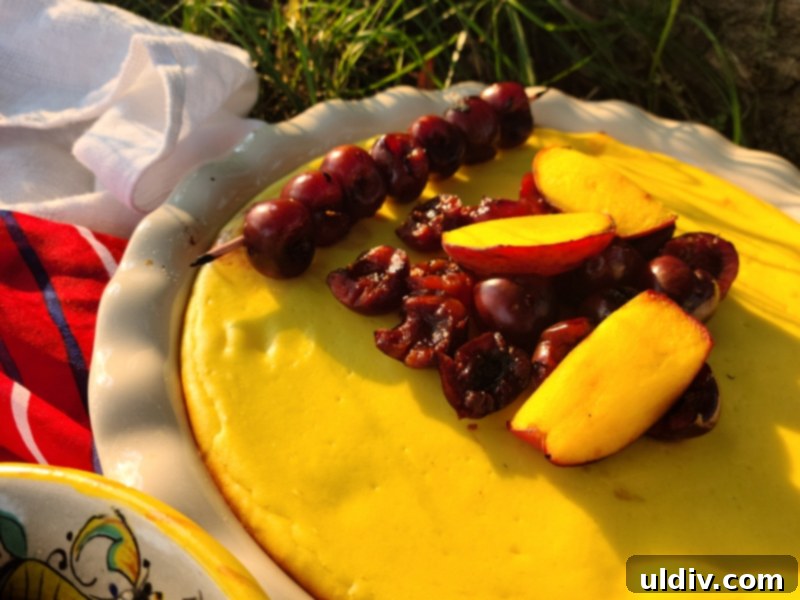 4th of July Feast: Veggies, Bison, and Cheesecake 9 A tempting dessert spread featuring cheesecakes adorned with grilled fruits and a vibrant bowl of seasonal fruit salad with a mango topping.