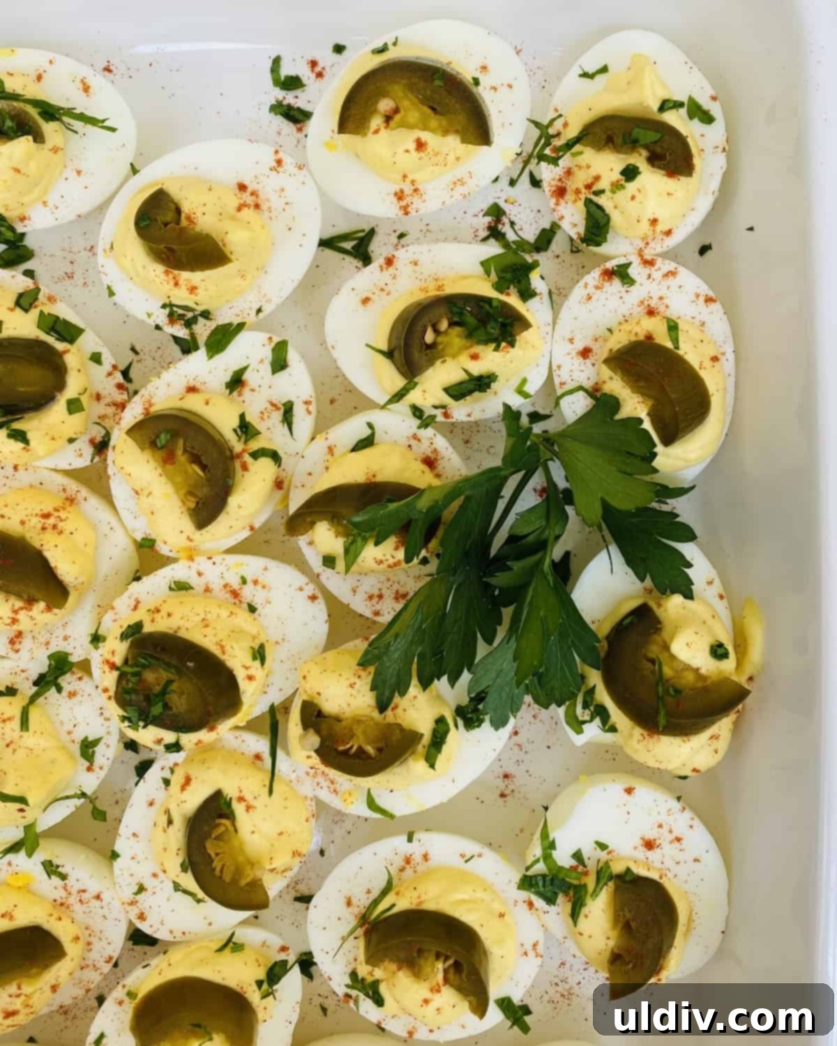 Jalapeno Fire Deviled Eggs 5 A vibrant platter showcasing numerous spicy deviled eggs, each perfectly piped and topped with a bright green pickled jalapeno slice, ready for serving.