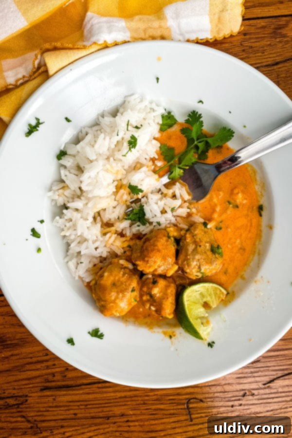 Spicy Red Thai Turkey Meatball Curry 2 A vibrant serving bowl filled with Thai meatball curry, garnished with fresh cilantro, ready to be enjoyed.