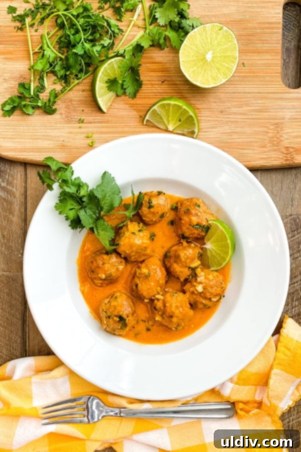 Spicy Red Thai Turkey Meatball Curry 7 A close-up shot of a bowl of Thai meatball curry, showcasing the rich red sauce and tender meatballs.