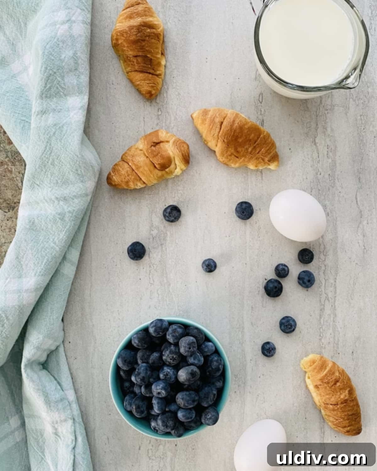 Blueberry Croissant French Toast Bake 3 croissants, half and half, blueberries and eggs