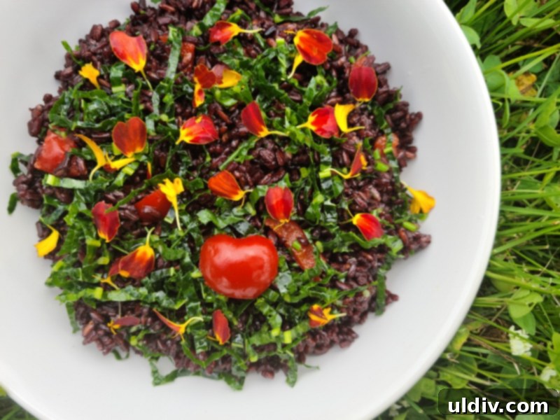 Forbidden Rice Salad Delicious Discovery 4 A close-up of perfectly cooked black forbidden rice, showing its distinct color and texture.