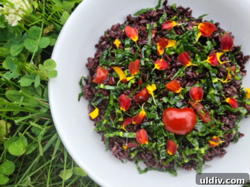 Forbidden Rice Salad Delicious Discovery 5 A vibrant black forbidden rice salad, garnished with a Peppadew pepper cut into a heart shape.