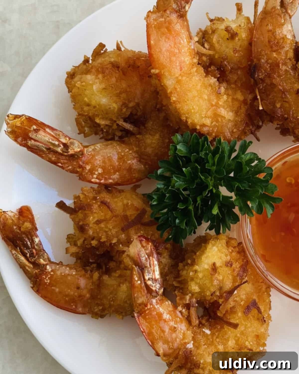 Crunchy Golden Coconut Shrimp Perfection 2 Crispy coconut shrimp with Thai sweet chili dipping sauce, served on a white plate