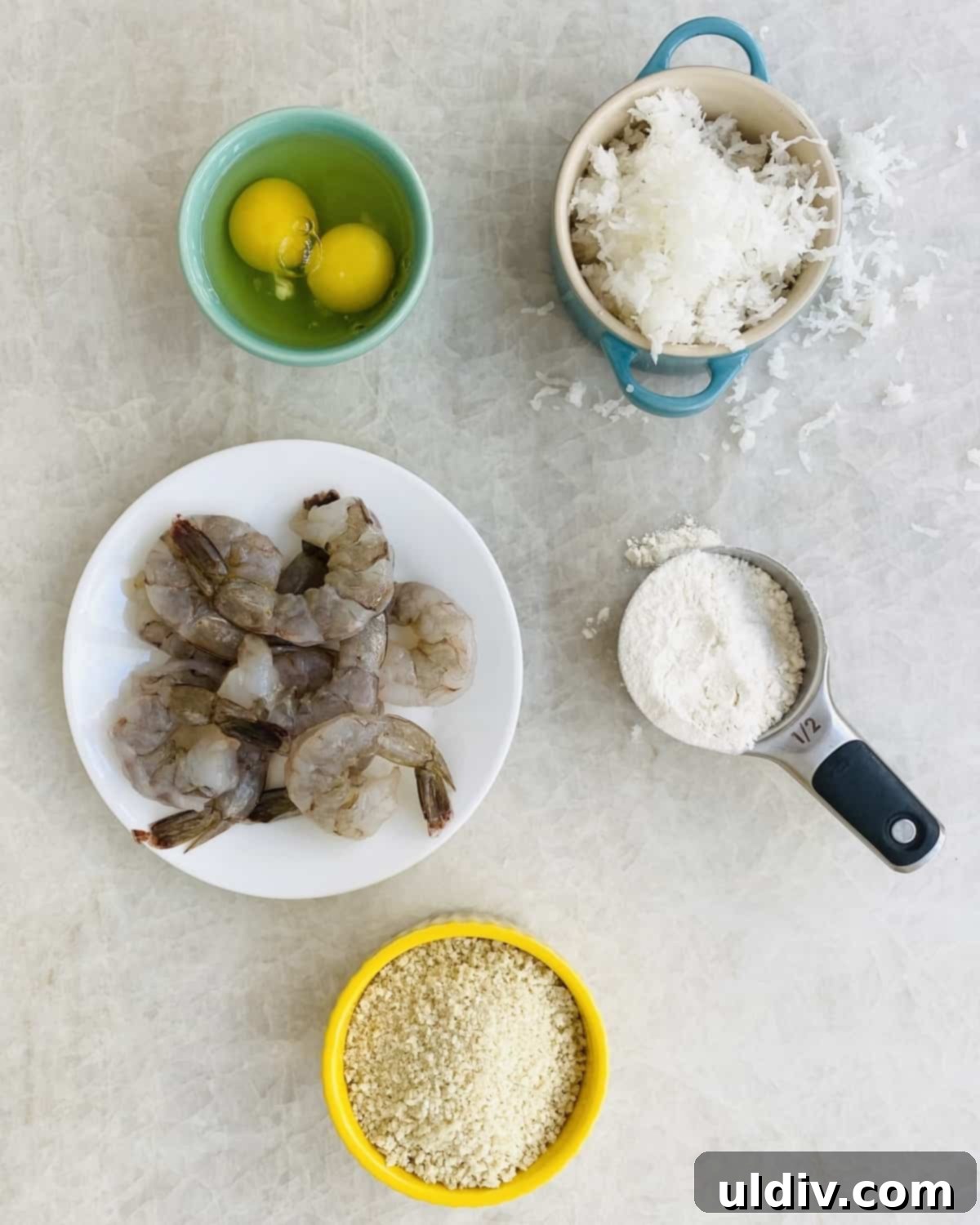 Tropical Coconut Crunch Shrimp 3 Raw ingredients: panko breadcrumbs, shrimp, shredded coconut, eggs, and flour arranged for dredging