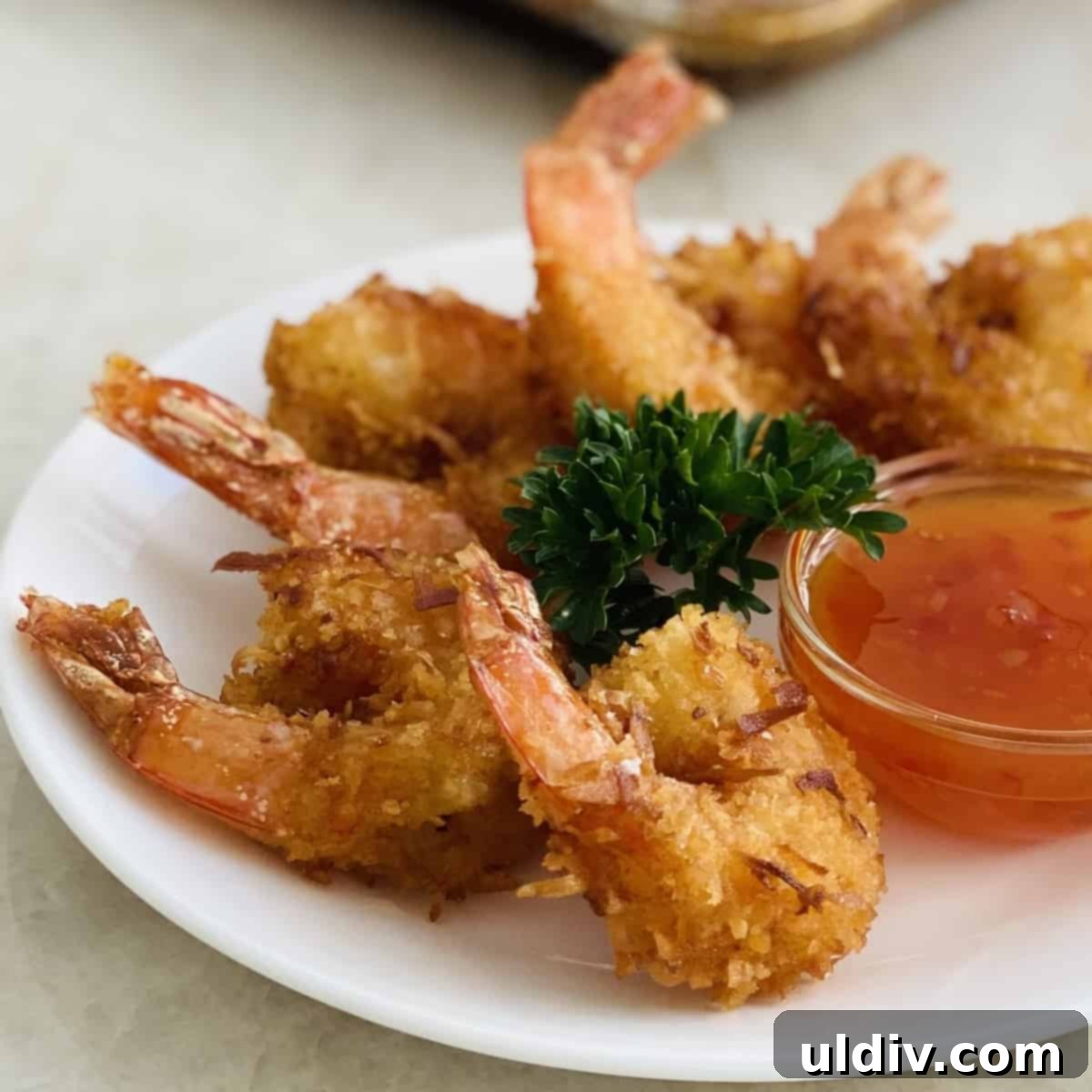 Crunchy Golden Coconut Shrimp Perfection 9 Coconut shrimp appetizer on a square white plate, garnished with fresh herbs