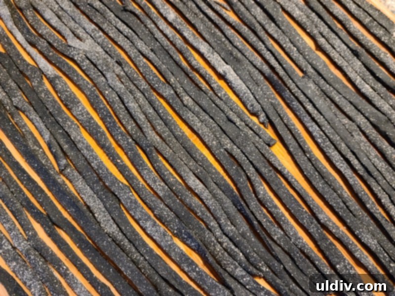 Striking black homemade pasta, ready to be prepared