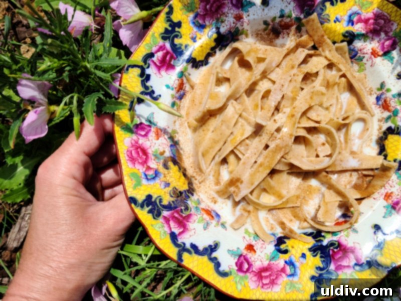 Irregularly shaped homemade pasta served with milk, sugar, and cinnamon