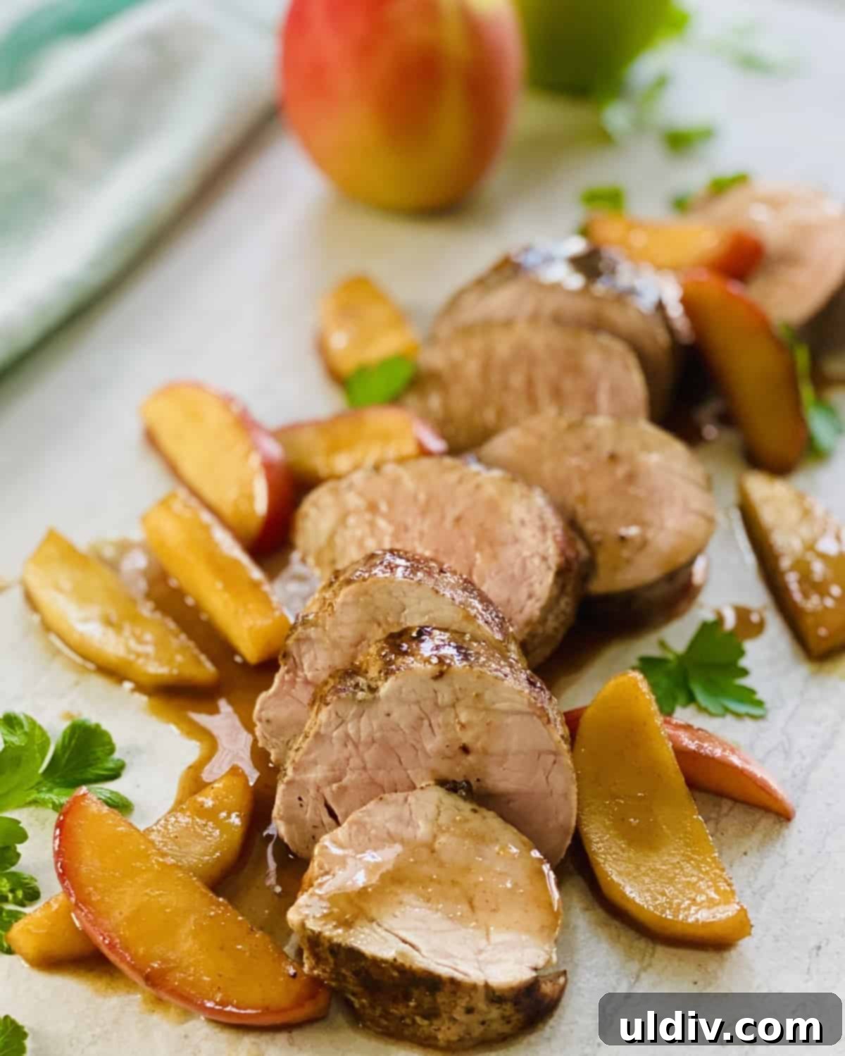 Maple Glazed Tenderloin with Caramelized Apples 10 Seared and sliced pork tenderloin with sautéed apples.