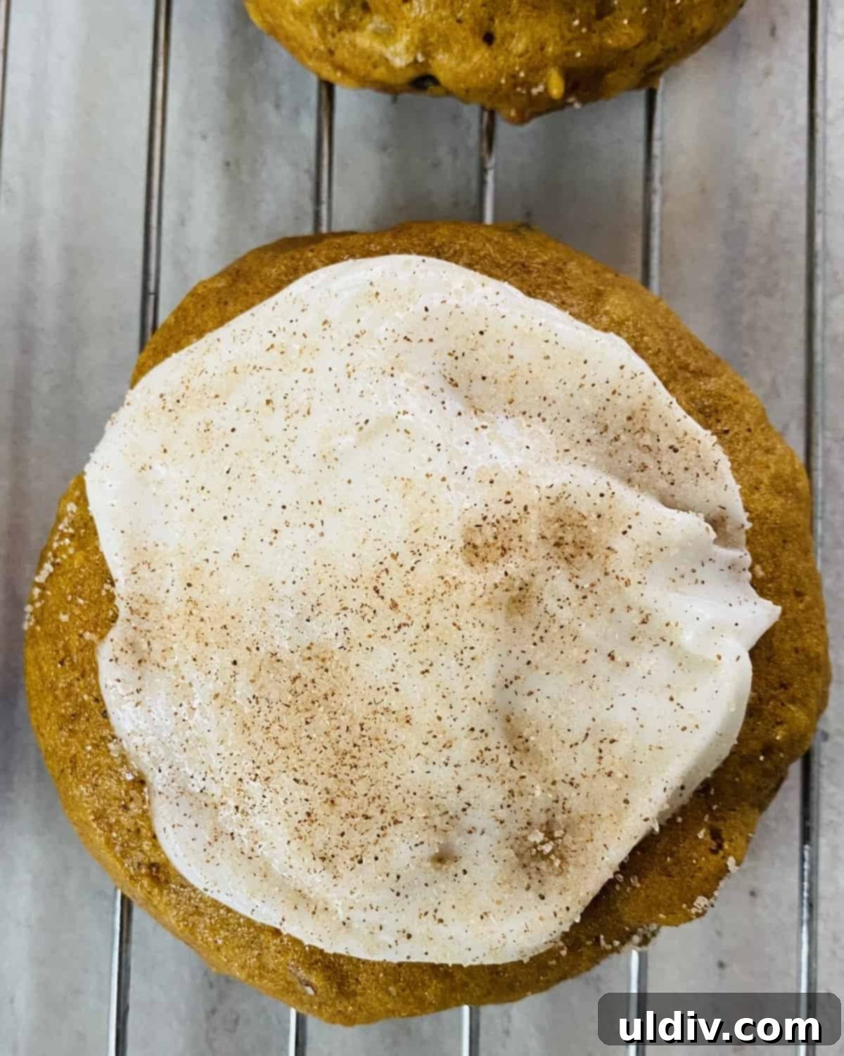 Pillowy Pumpkin Spice Cookies with Dreamy Buttercream 2 single pumpkin spice cookie with buttercream frosting, garnished with cinnamon sugar
