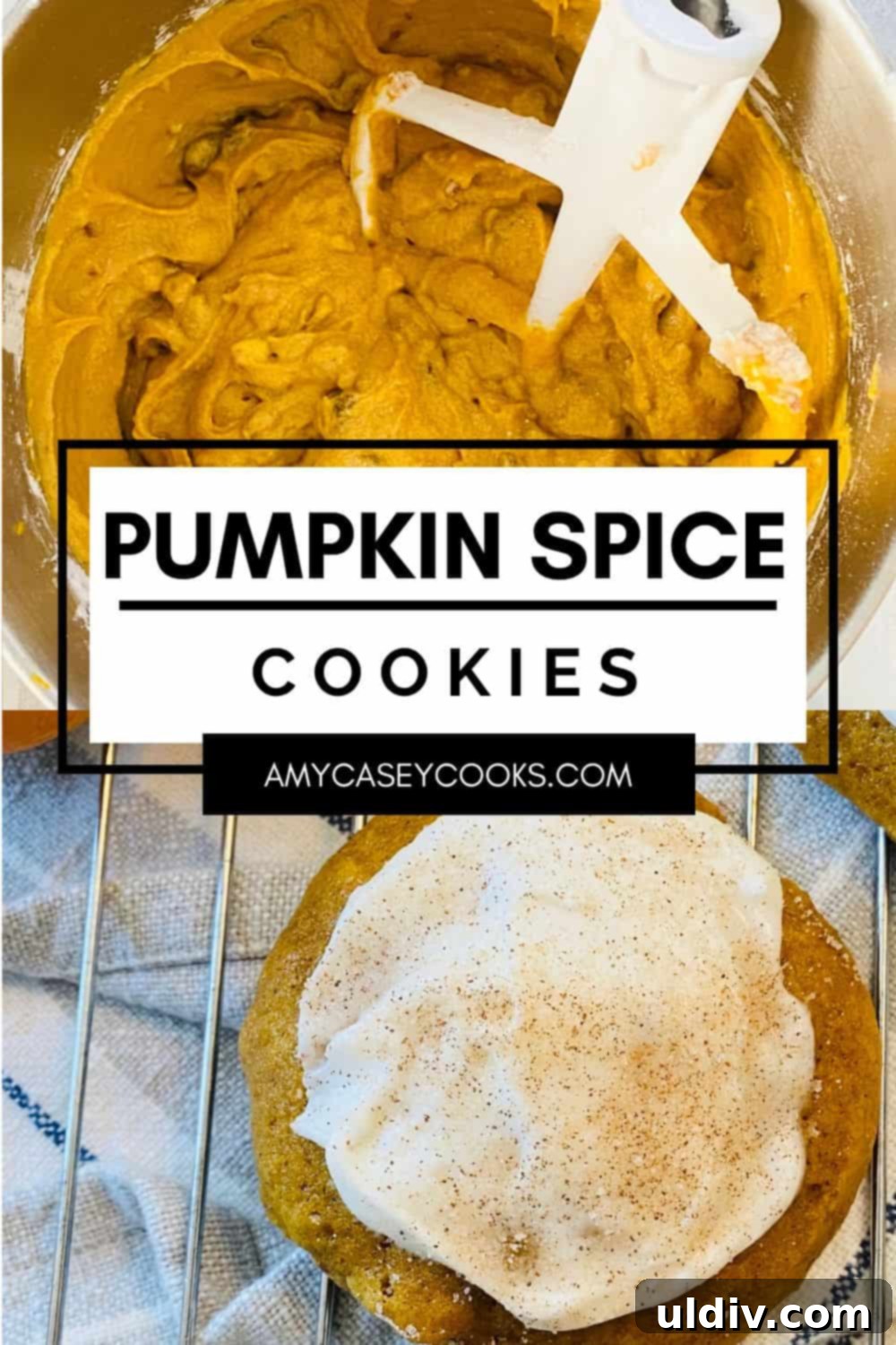 Velvet Pumpkin Spice Cookies, Buttercream Crowned 8 Pumpkin cookie batter in a bowl and a finished frosted pumpkin spice cookie