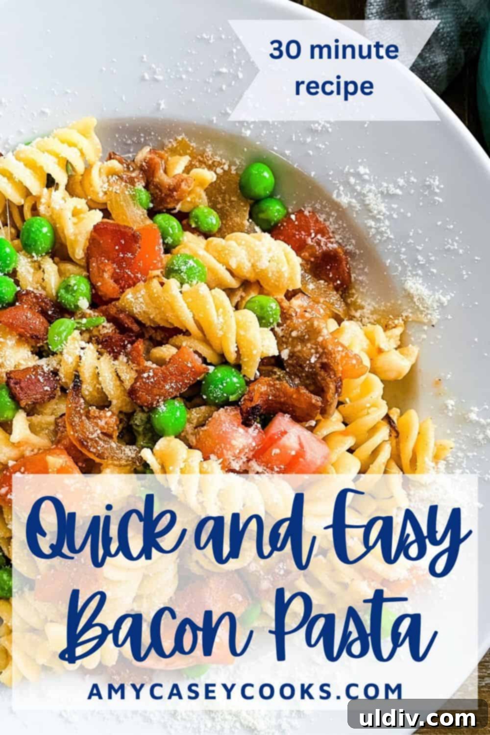 Smoky Bacon, Tomato and Pea Pasta 8 bacon pasta with tomatoes and peas.