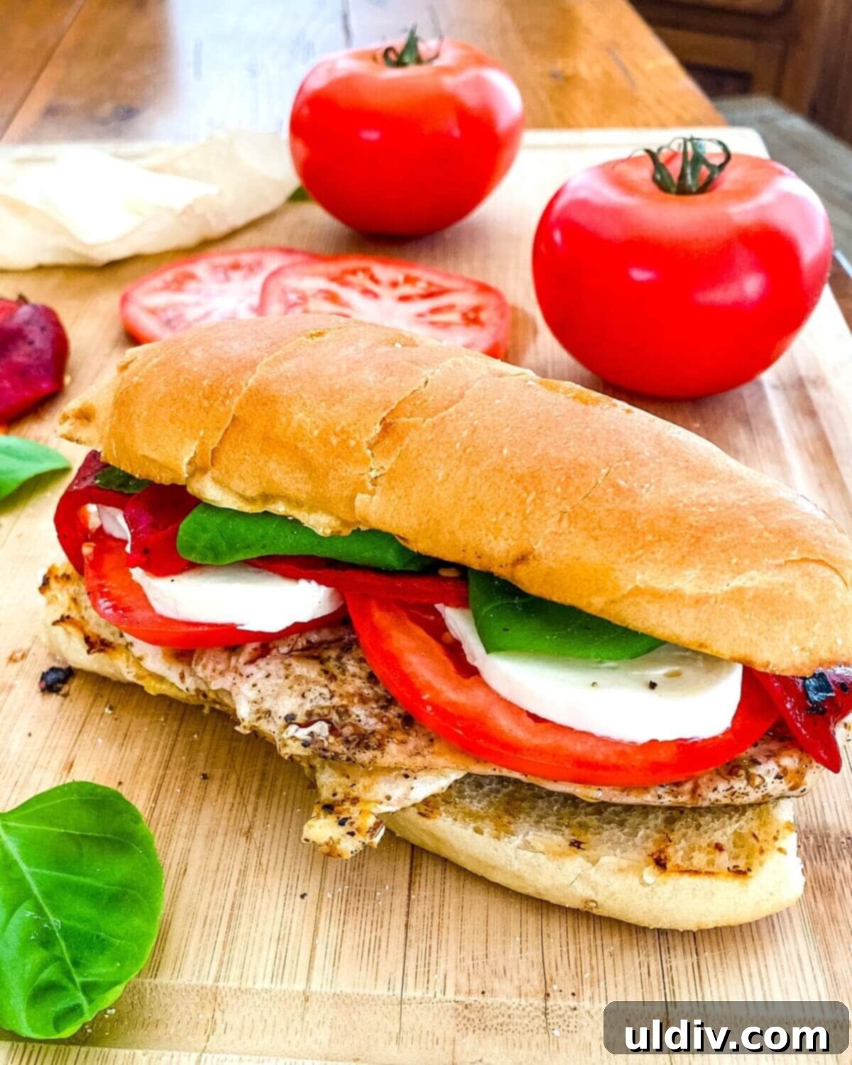 Vibrant Caprese Chicken Sandwich 2 A whole chicken caprese sandwich in front of 2 tomatoes.