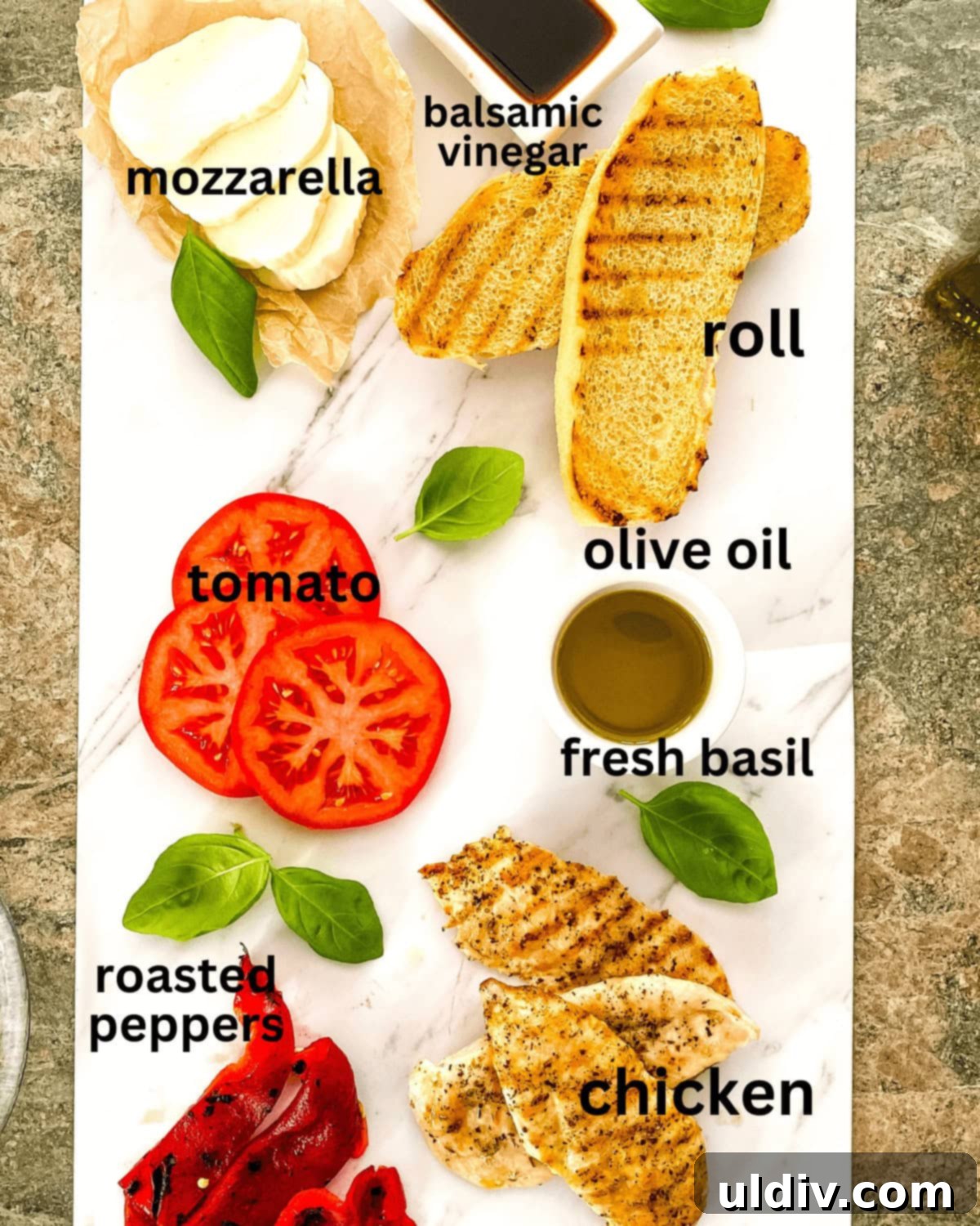 Vibrant Caprese Chicken Sandwich 3 Grilled chicken, beefsteak tomatoes, fresh mozzarella, roasted red peppers, basil, balsamic vinegar, olive oil, toasted rolls.