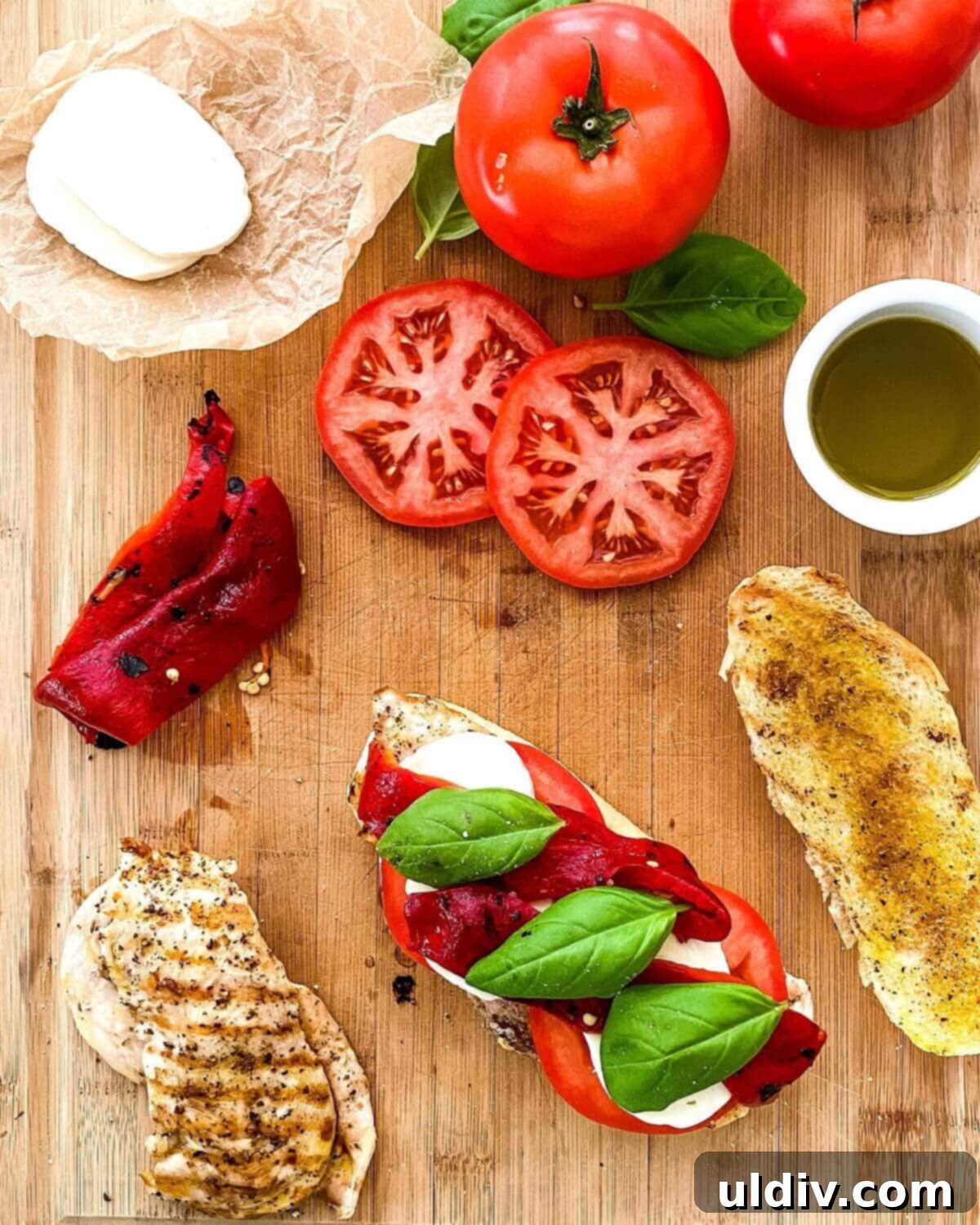 Vibrant Caprese Chicken Sandwich 6 Tomatoes, roasted peppers, fresh basil, grilled chicken and a toasted roll.