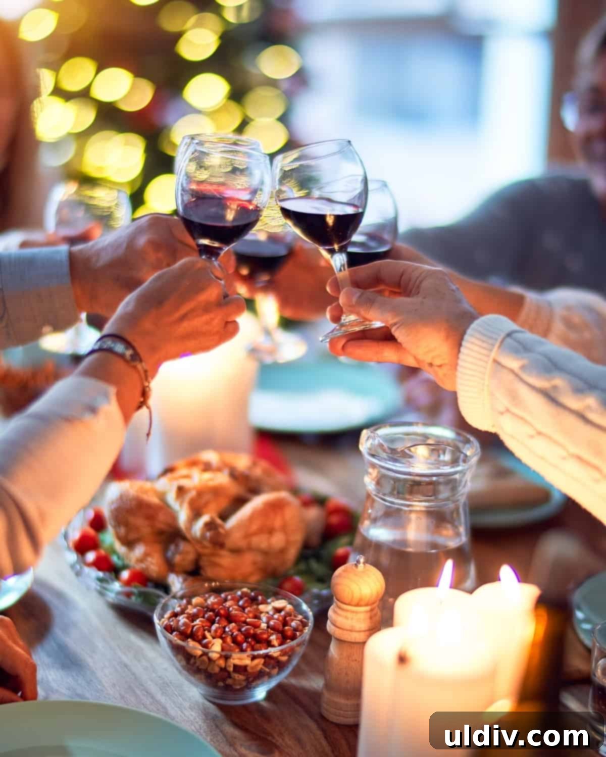 A toast with red wine at a Thanksgiving table, symbolizing festive celebrations and delicious food.