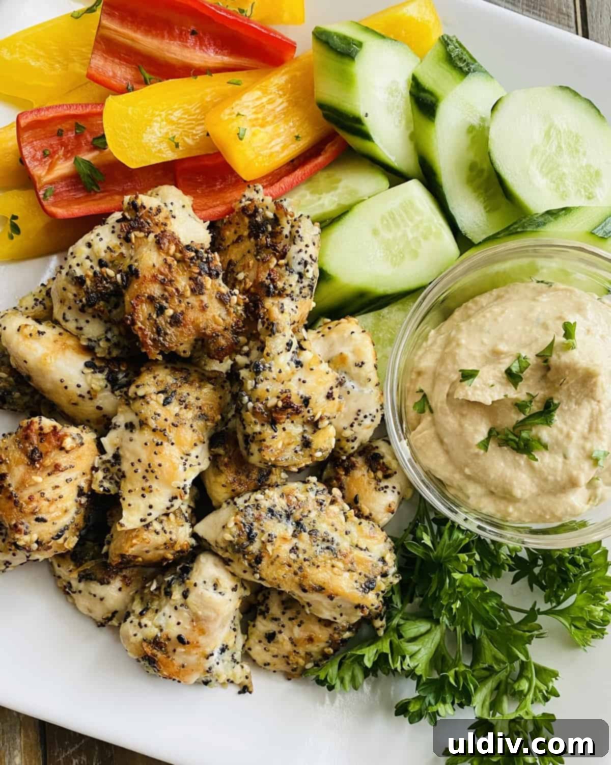 Loaded Everything Chicken Bites with Basil Hummus 2 chicken seasoned with everything bagel spice mix with hummus, cucumber and bell peppers