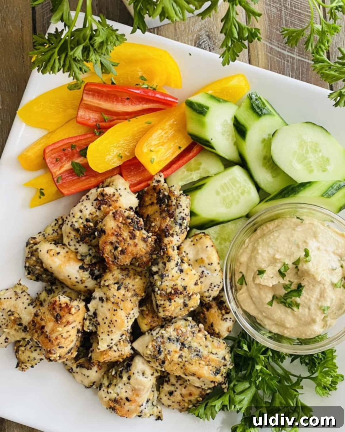 Ultimate Everything Chicken Bites with Fresh Basil Hummus 8 A festive platter showcasing golden brown Everything Chicken Bites, a bowl of basil hummus, and fresh slices of cucumber and vibrant bell peppers, perfect for a meal or appetizer.