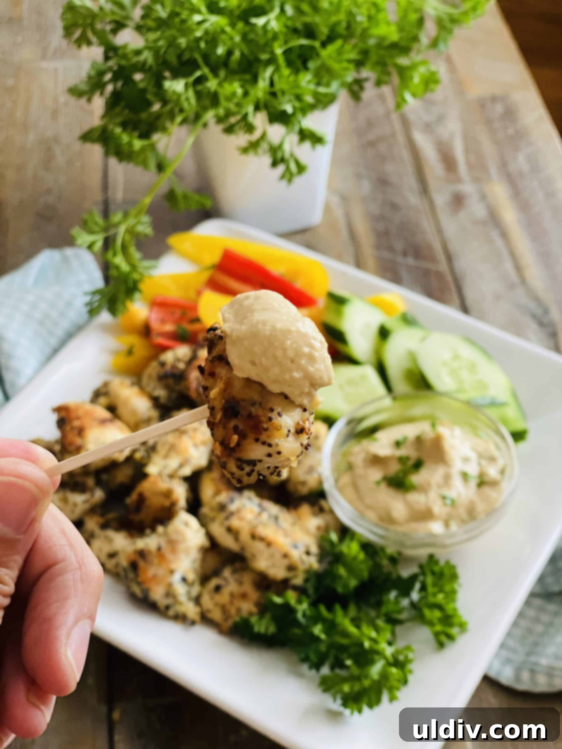 Ultimate Everything Chicken Bites with Fresh Basil Hummus 9 A single piece of golden brown Everything Chicken Bite skewered on a toothpick, perfectly dipped into a creamy swirl of hummus, highlighting its deliciousness.