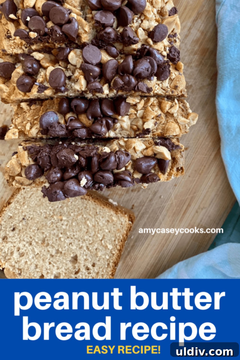 Chocolate Chip Peanut Butter Crunch Bread 11 A slice of moist peanut butter bread next to a full loaf, topped with chocolate chips and peanuts.
