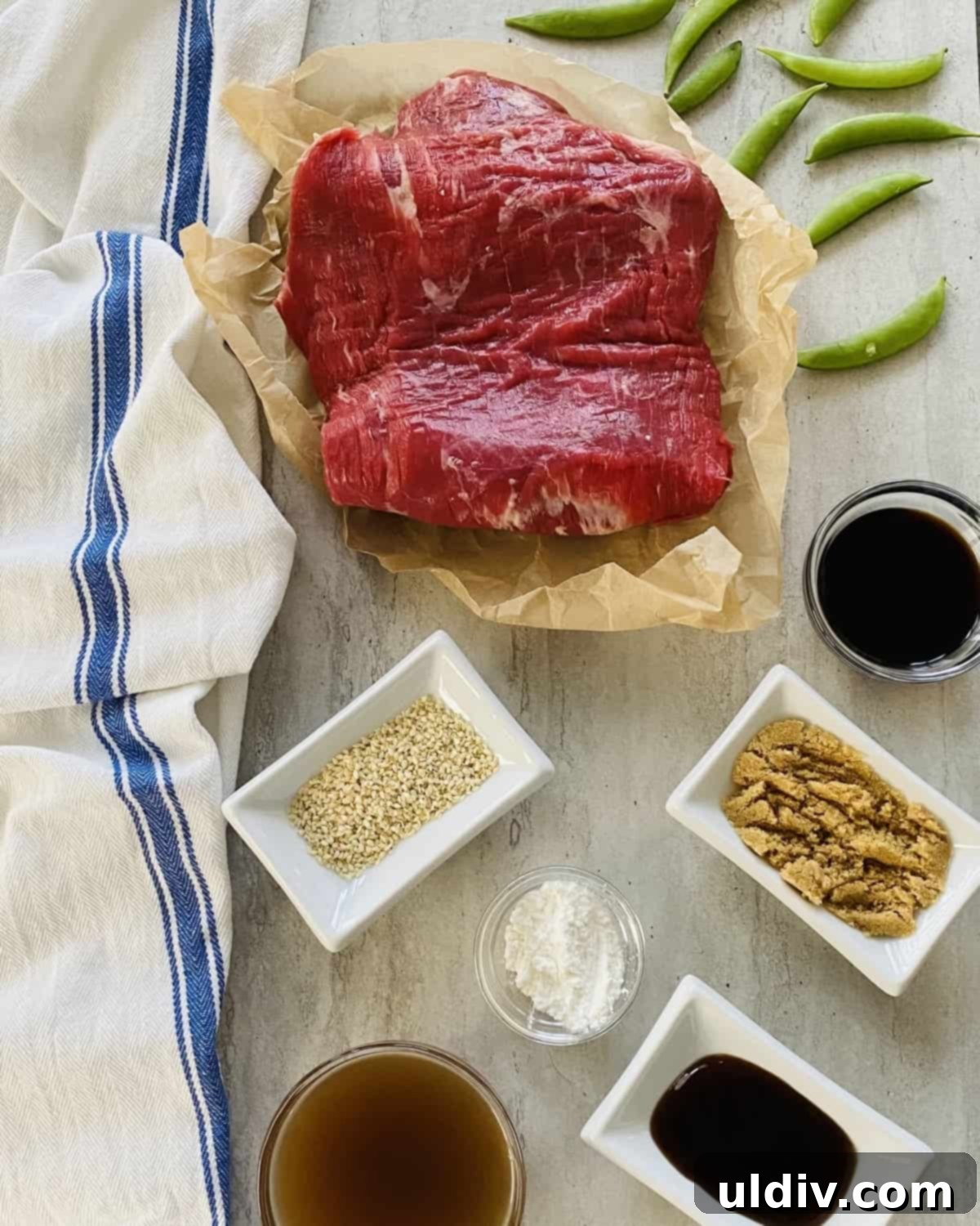 flank steak, soy sauce, brown sugar sugar snap peas