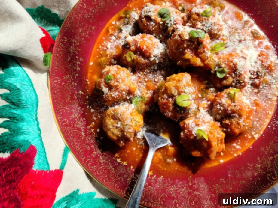Meatballs in San Marzano tomato sauce, garnished with red veined sorrel microgreens.