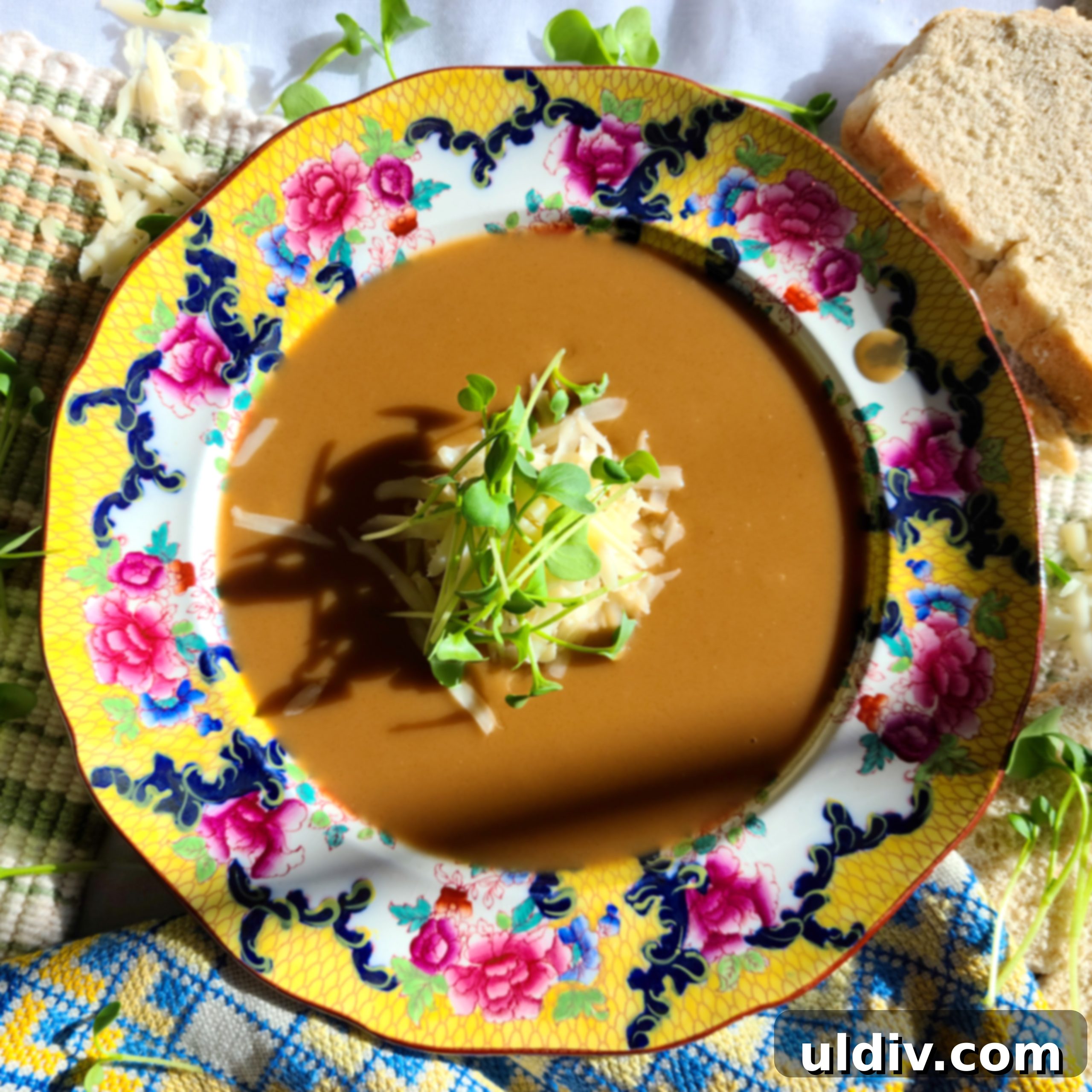 Basel Flour Soup: Stirring Up Delicious Memories 2 A comforting bowl of Basel flour soup, garnished with Gruyère cheese and microgreens, served alongside fresh bread and a vibrant salad.