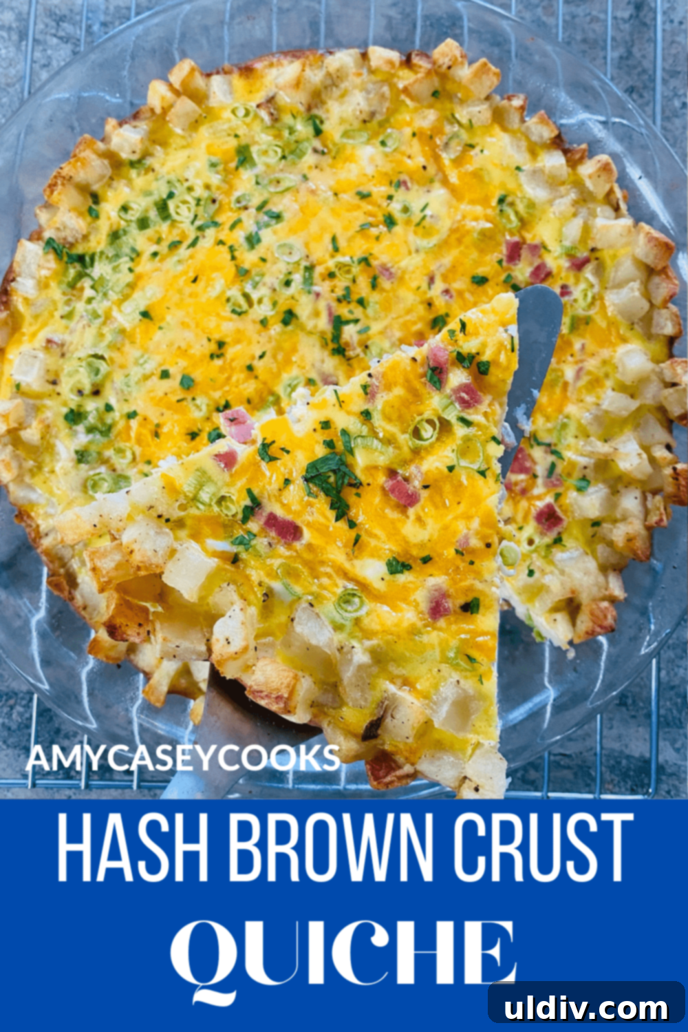Golden Hash Brown Quiche: Ham and Cheese Delight 11 A perfectly cooked slice of ham and cheddar quiche being lifted by a spatula, highlighting its golden crust and creamy filling.