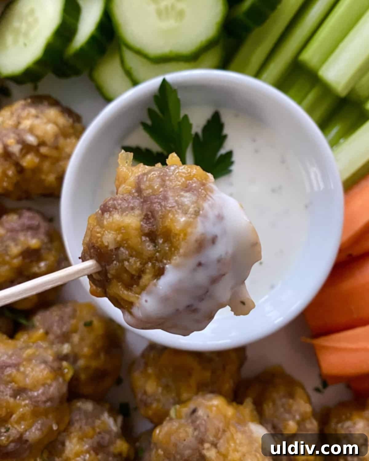 Grandma's Cheesy Bisquick Sausage Bites 2 Sausage cheese ball on a toothpick, ready to be enjoyed.