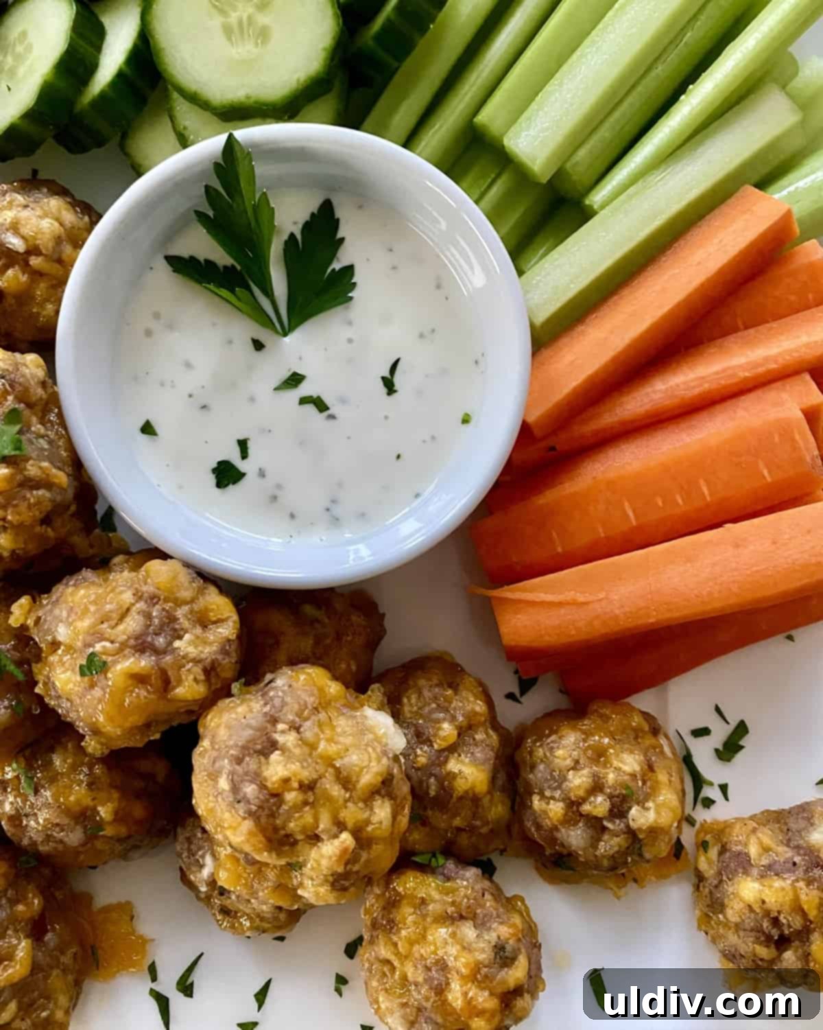 Grandma's Cheesy Bisquick Sausage Bites 8 Sausage cheese balls on a platter with carrots and dip