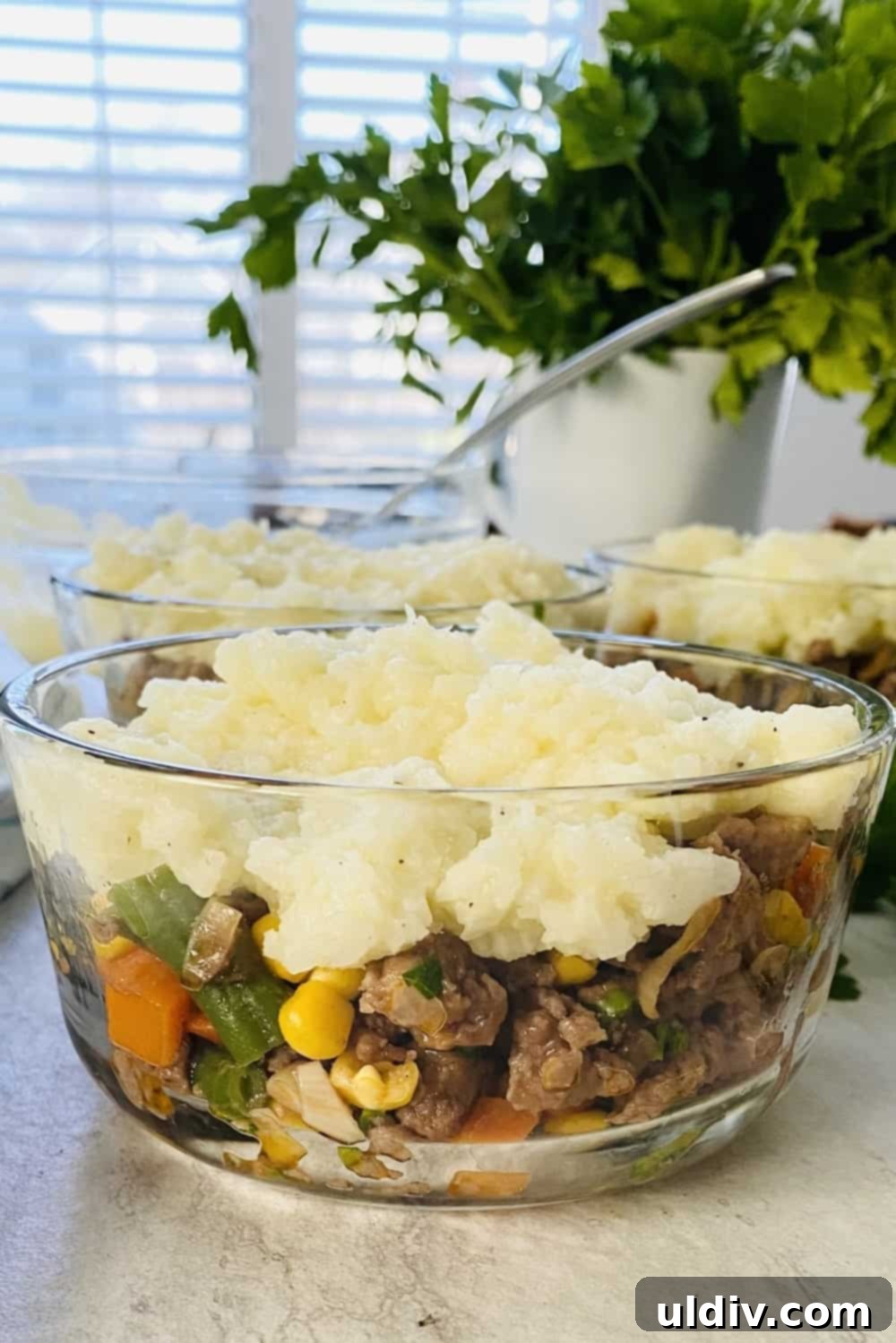 Cauliflower Cloud Shepherd's Pie 2 Single serving ground turkey shepherd's pie with cauliflower mash topping.