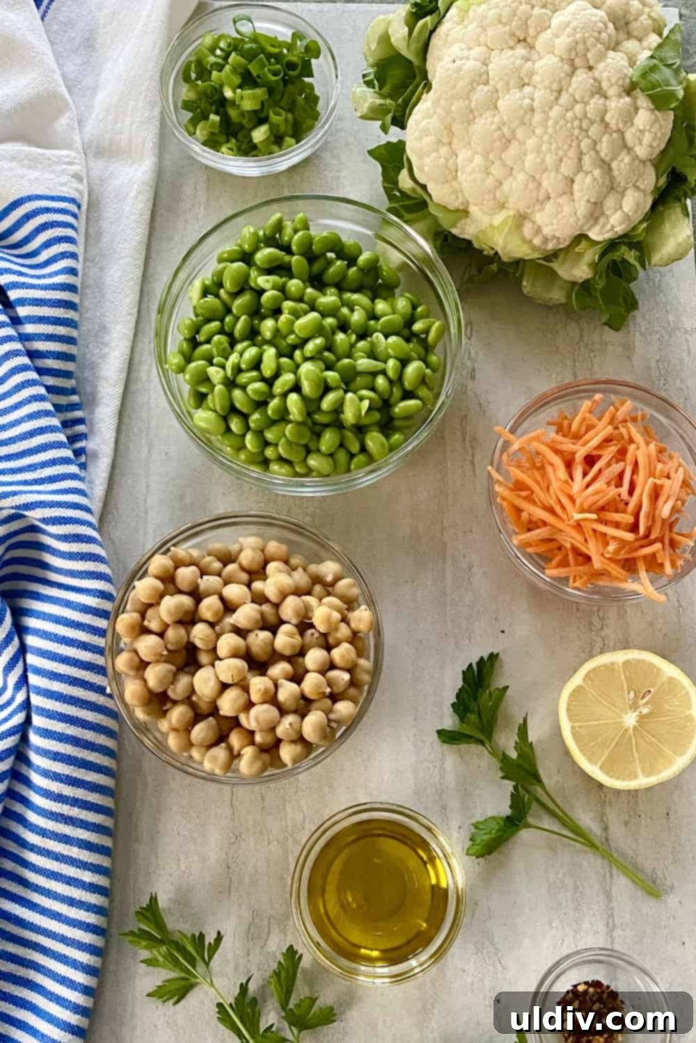 Wholesome Cauliflower Edamame Chickpea Salad 3 cauliflower, chickpeas, edamame, lemon, carrots for salad