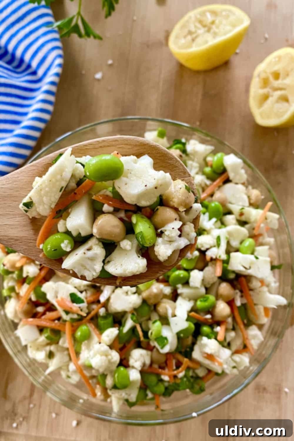 Vegetarian Cauliflower Salad with Edamame and Chickpeas 8 cauliflower salad on a wooden spoon