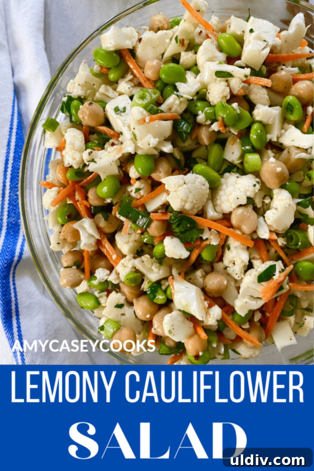 Vegetarian Cauliflower Salad with Edamame and Chickpeas 9 glass bowl filled with cauliflower salad