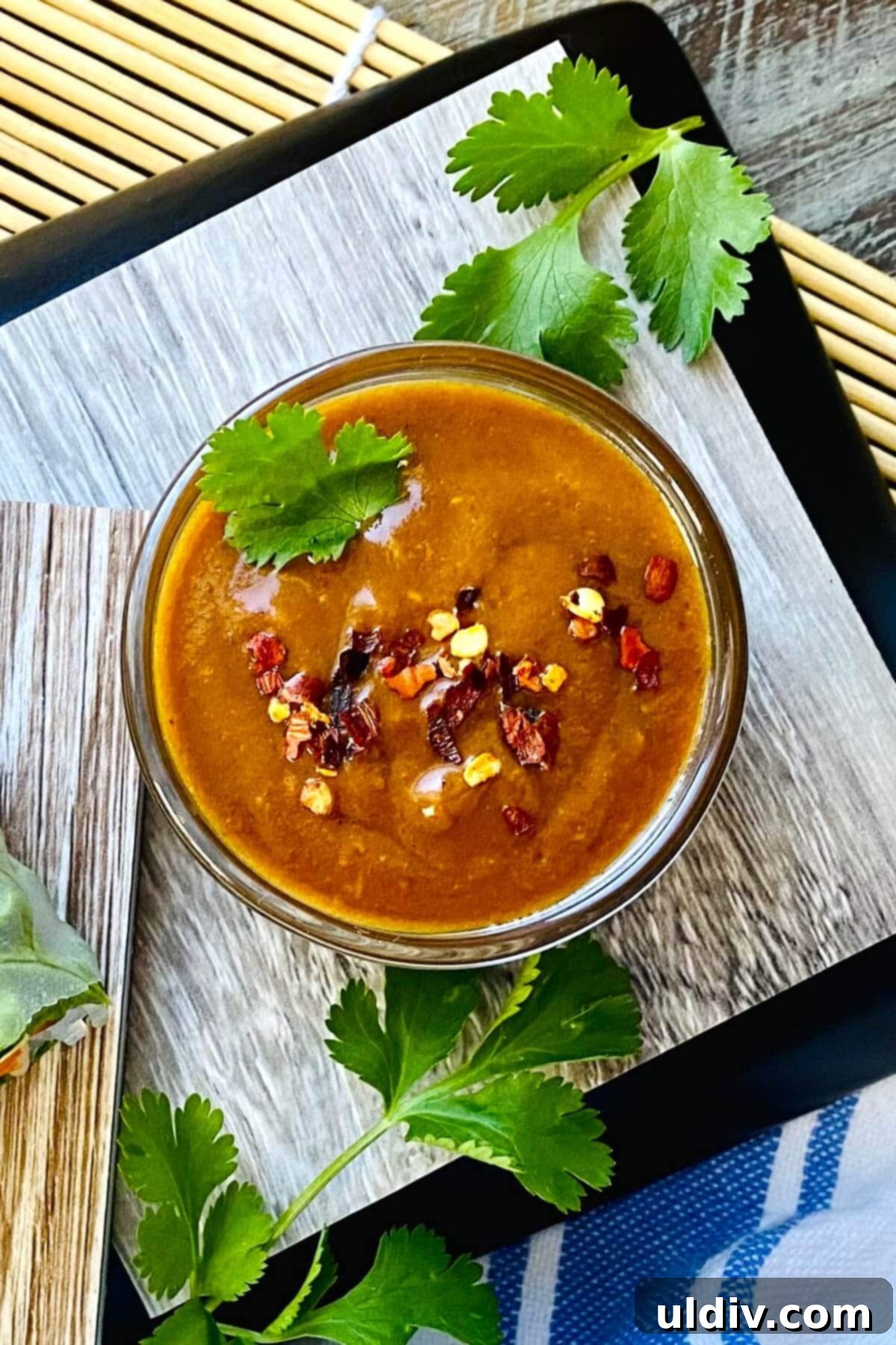 A perfectly blended bowl of creamy peanut dipping sauce, ready to serve with fresh spring rolls.