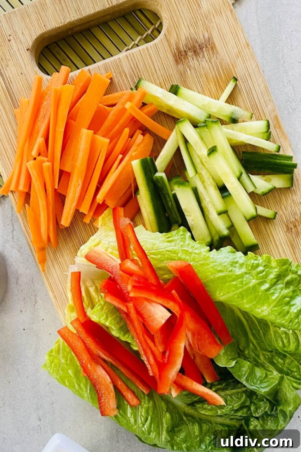 Fresh and Healthy Vegetable Spring Rolls 6 Julienned carrots, cucumbers, and red peppers.