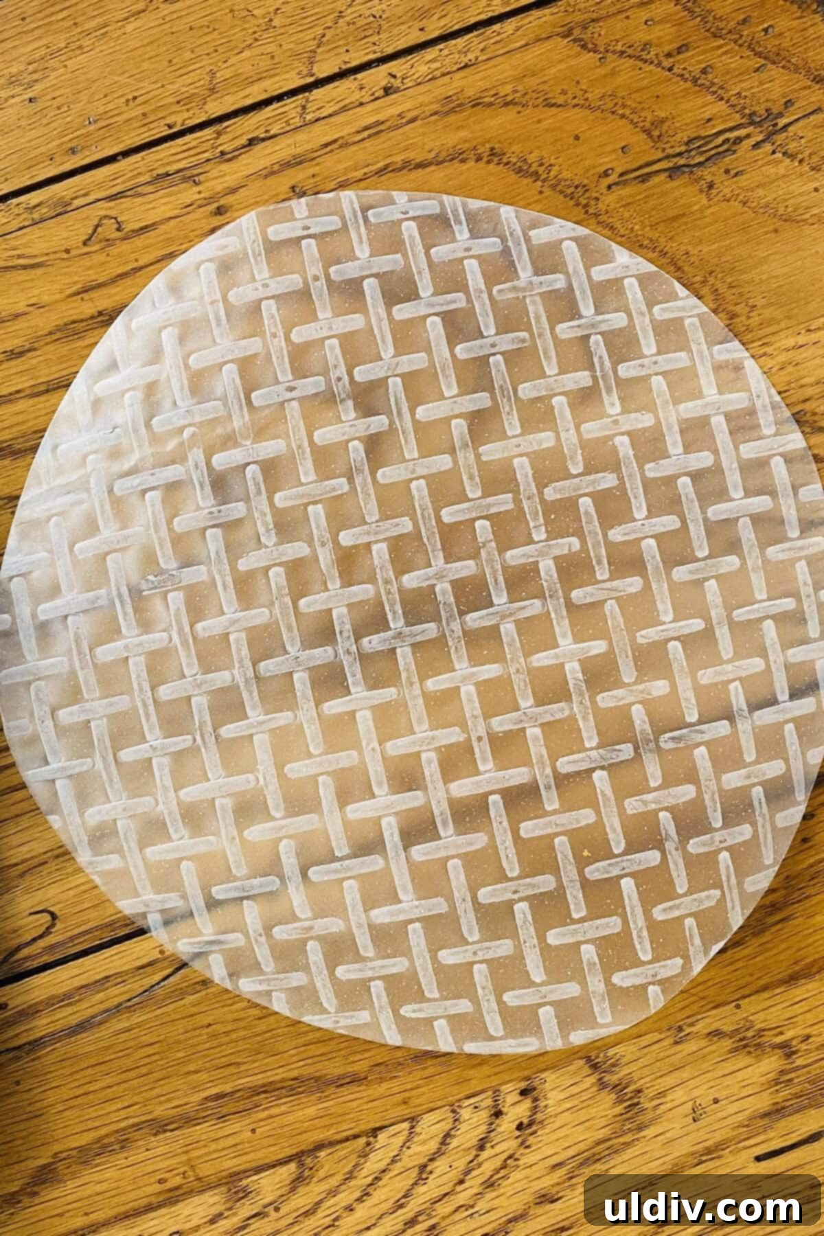 A single translucent rice paper spring roll wrapper, softened and ready for filling on a clean work surface.