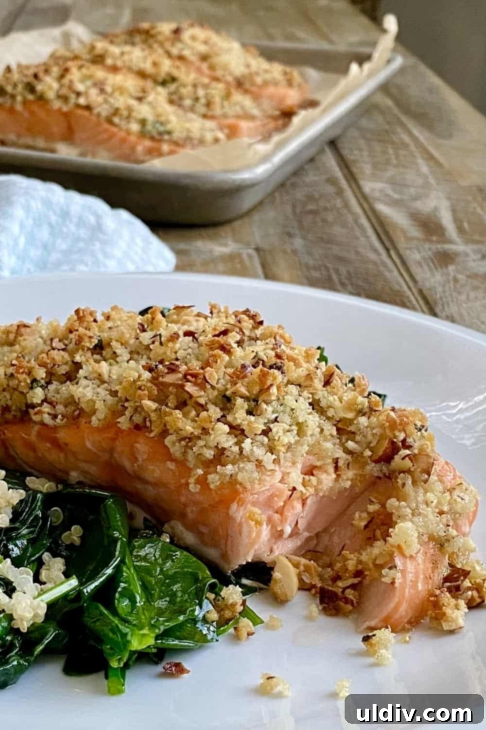 Golden Pecan Crusted Salmon with Honey Mustard 2 A piece of pecan crusted salmon on a plate with sauteed spinach and quinoa.