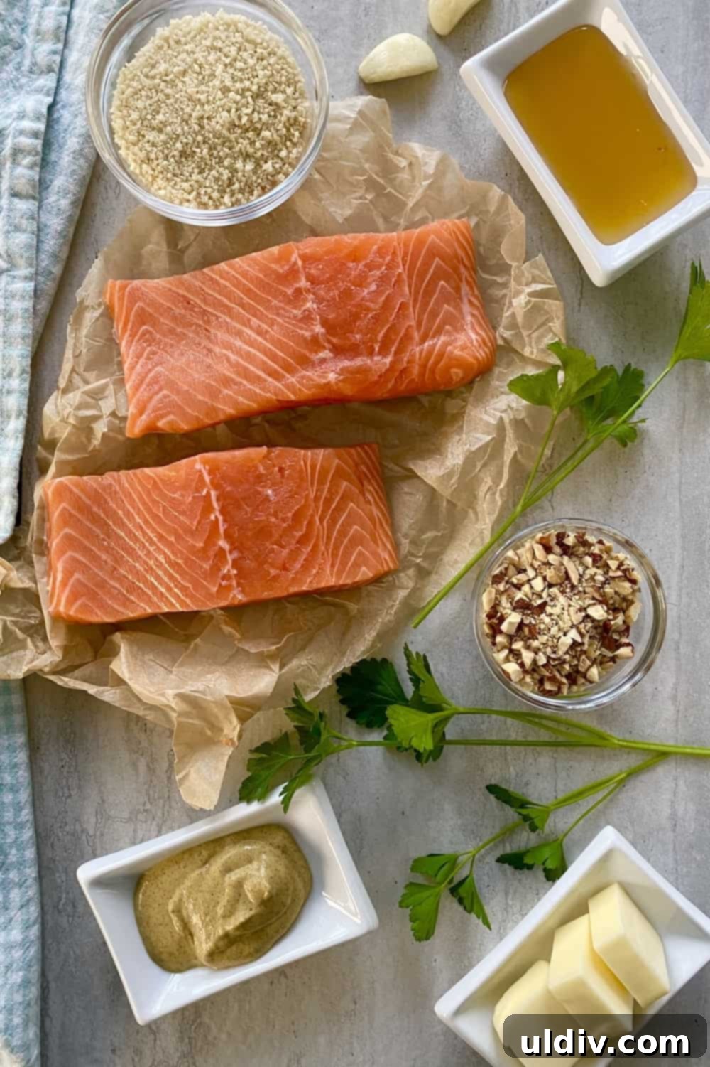 Crispy Pecan Salmon with Tangy Honey Mustard 3 Salmon, honey, mustard, panko, garlic, pecans, butter for pecan crusted salmon.