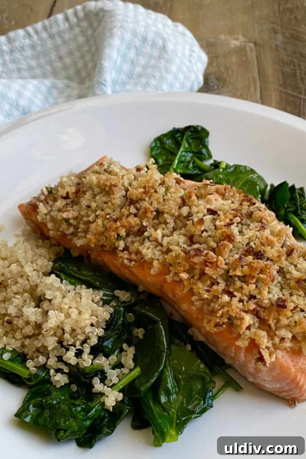 Crispy Pecan Salmon with Tangy Honey Mustard 9 Salmon crusted with pecan panko with spinach.