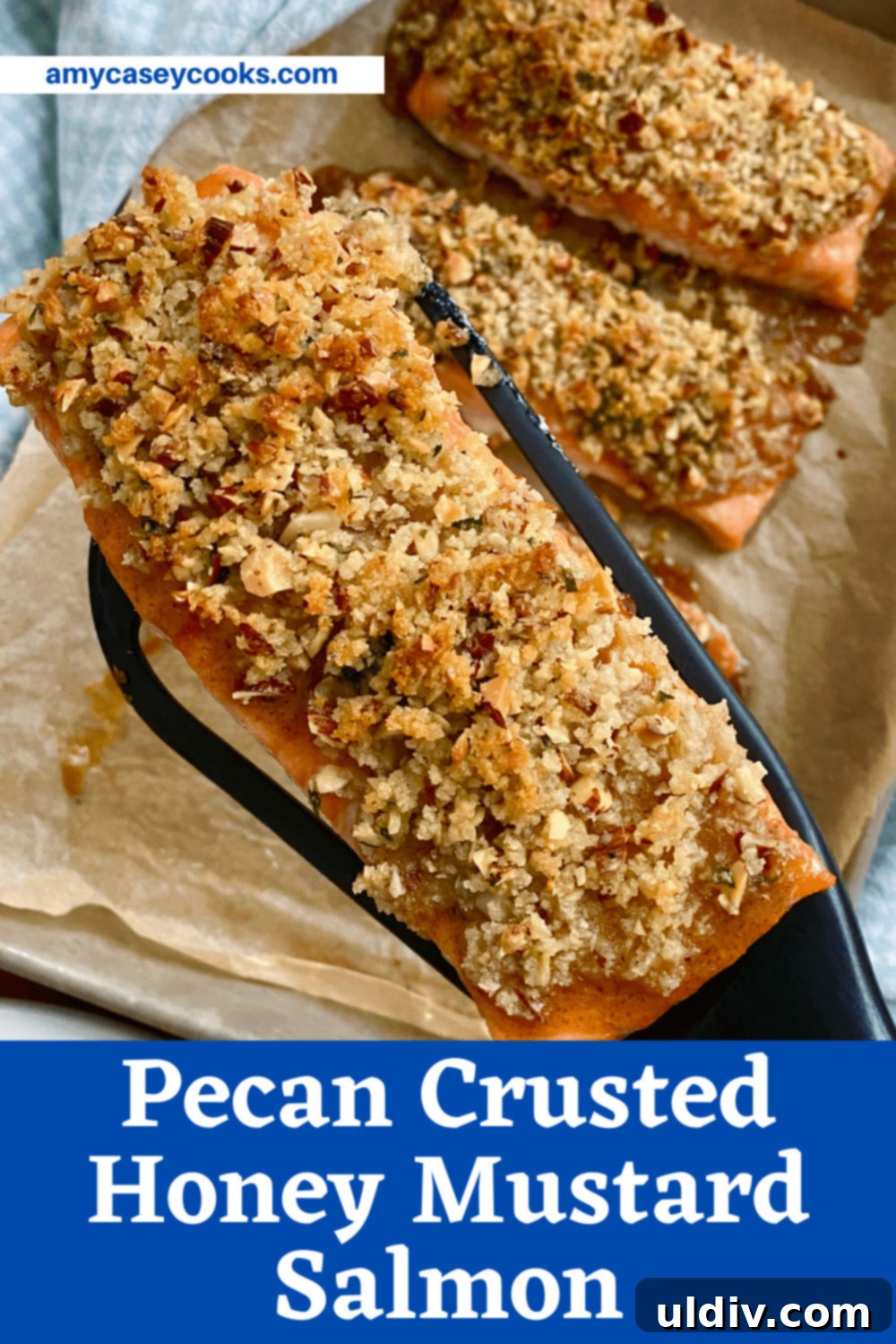 Crispy Pecan Salmon with Tangy Honey Mustard 10 Some pecan crusted honey mustard salmon on a spatula.