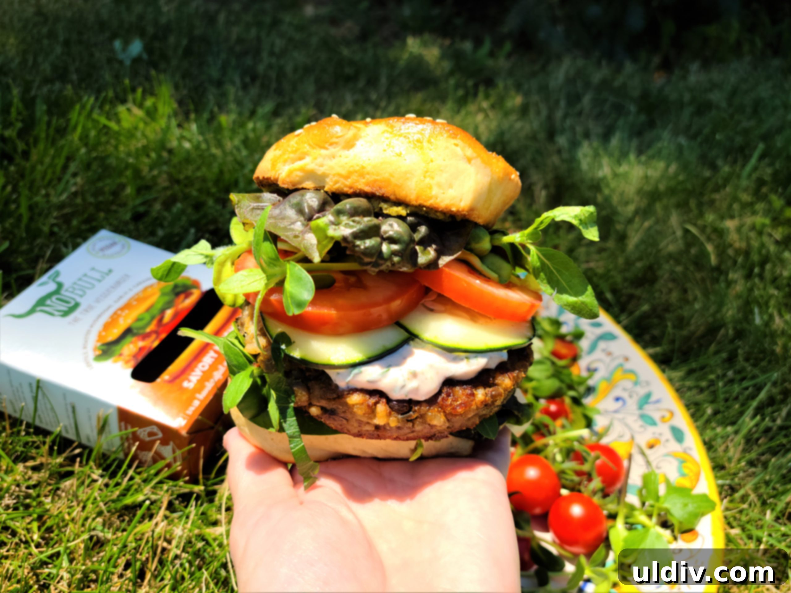 Your Summer Refresh Top Picks Beyond the Ice Cream Aisle 3 NoBull Burger Savory Mushroom patty on a bun with fresh toppings