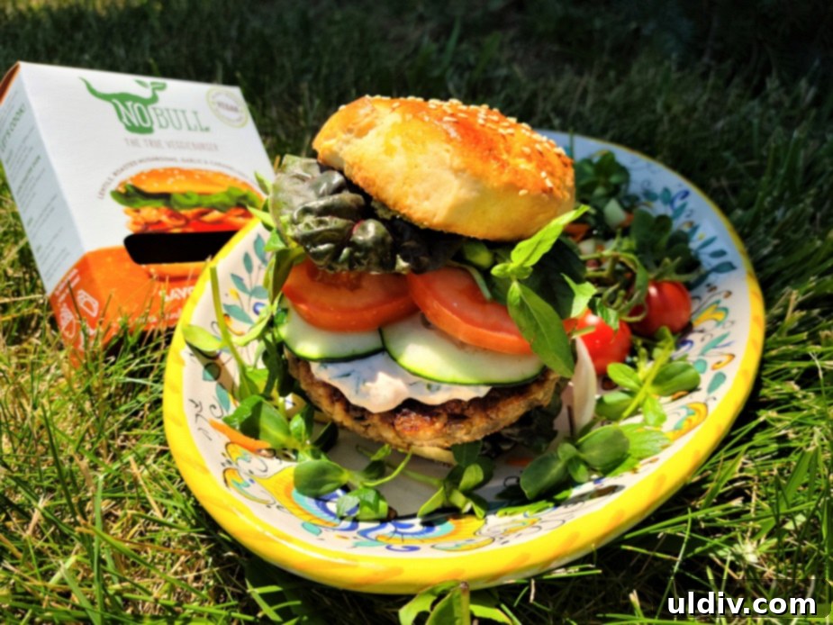 Your Summer Refresh Top Picks Beyond the Ice Cream Aisle 6 A fully assembled NoBull Burger veggie burger with multiple layers