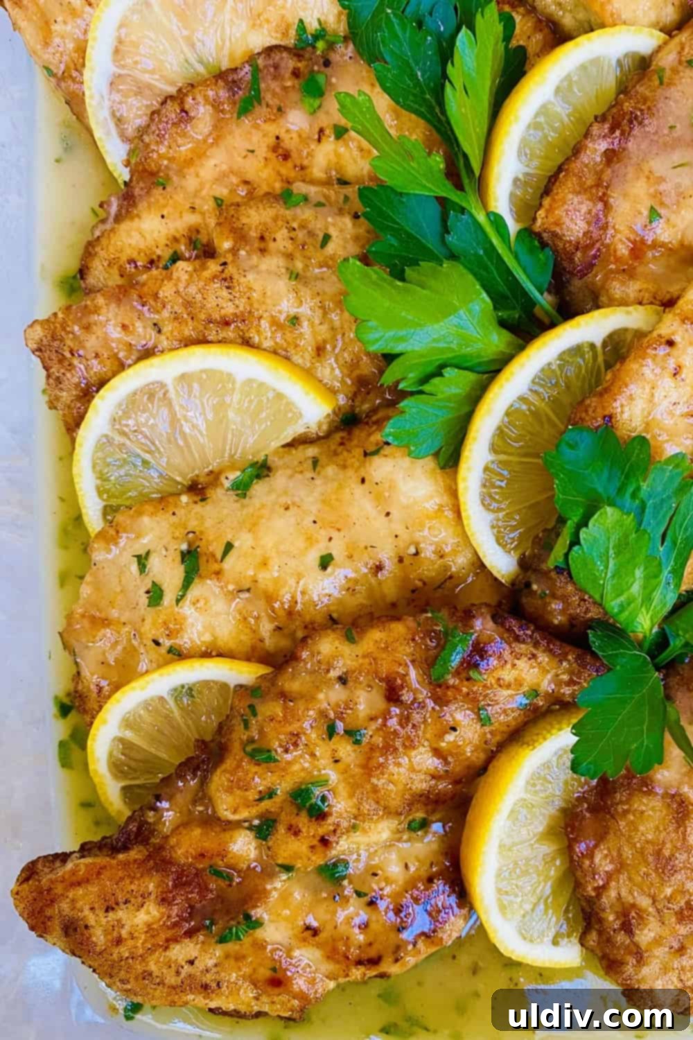 Lemon chicken recipe with egg battered chicken, garnished with fresh parsley and lemon slices.