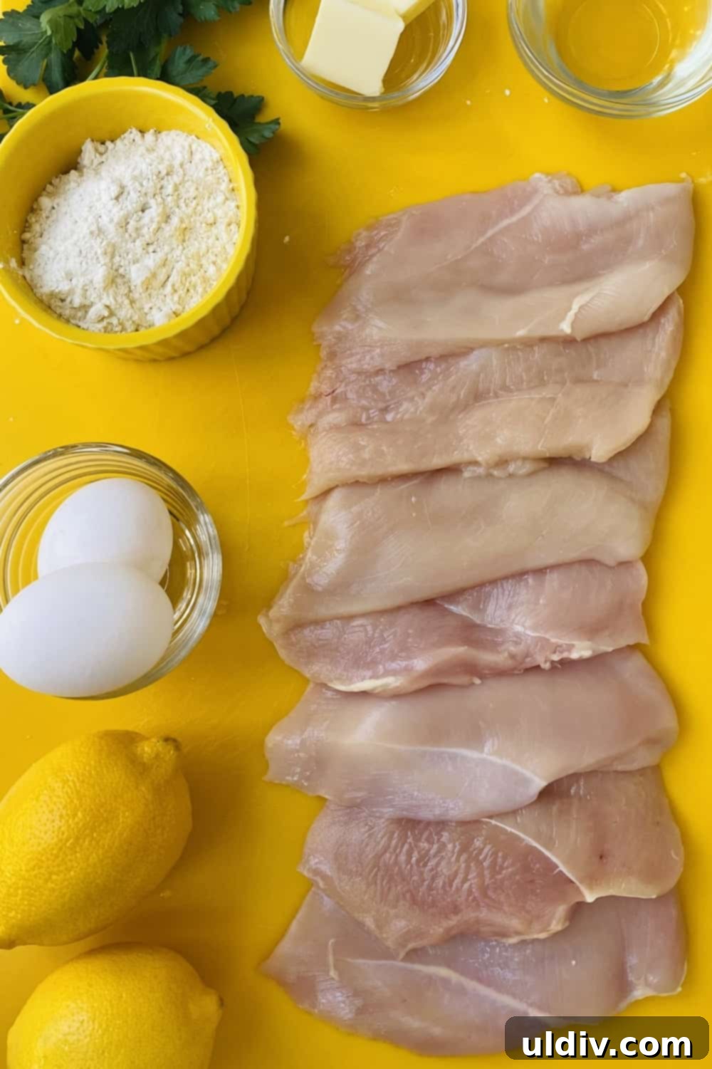 Raw chicken breasts, fresh lemons, all-purpose flour, white wine, and eggs arranged on a yellow kitchen counter, ready for preparation.