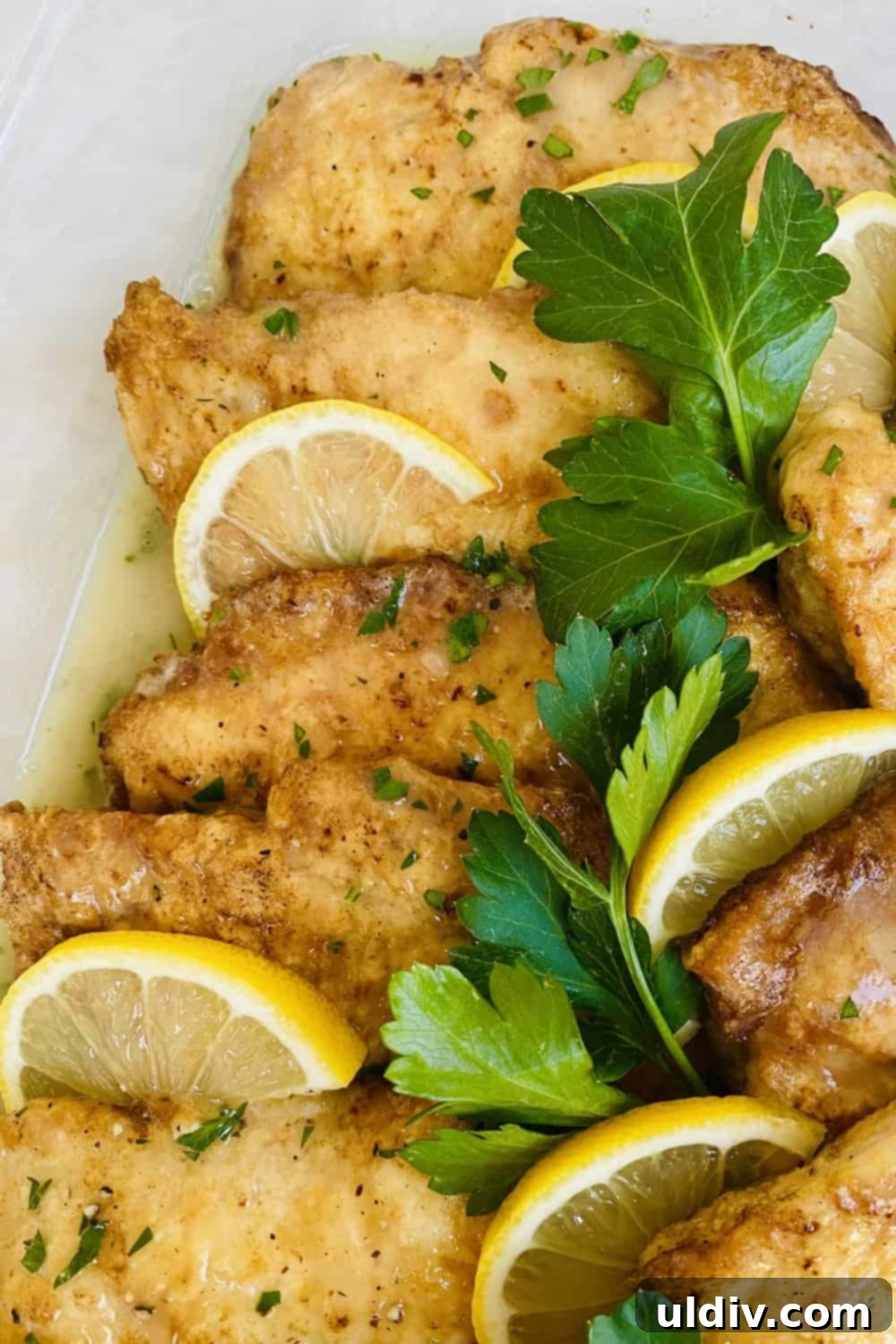 Egg-battered lemon chicken on a white plate, garnished with fresh lemon slices and parsley, ready to be served.
