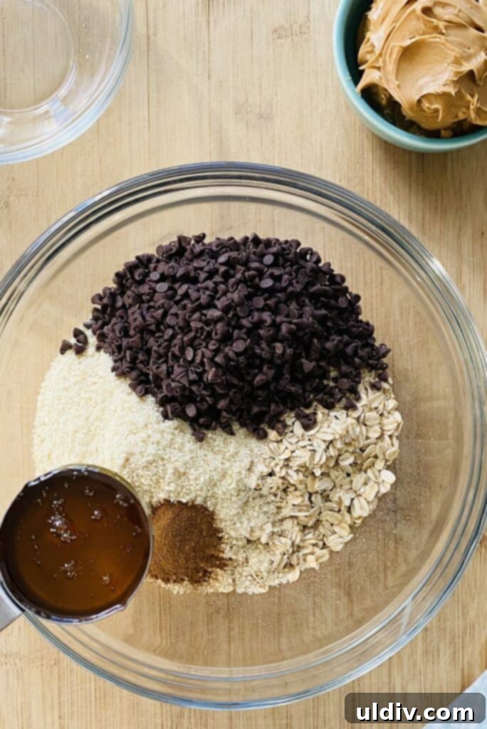 Decadent GlutenFree Peanut Butter Oat Bites 4 bowl with almond flour, oats, chocolate chips, honey
